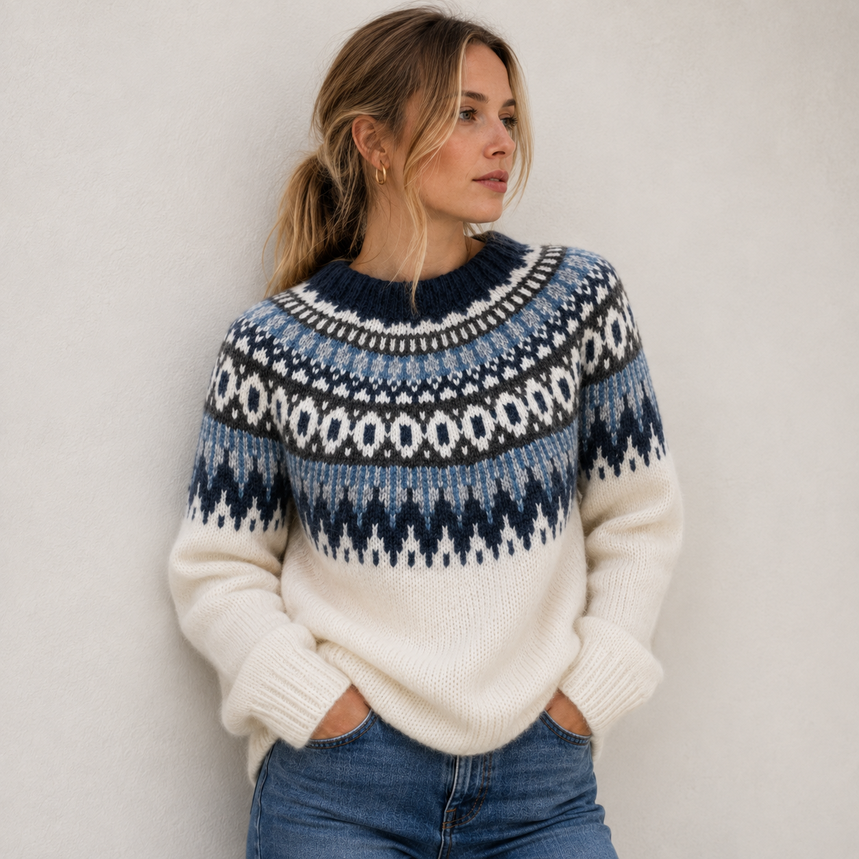 Edith Campbell | Fair Isle Yoke Knit Sweater in Cream & Blue