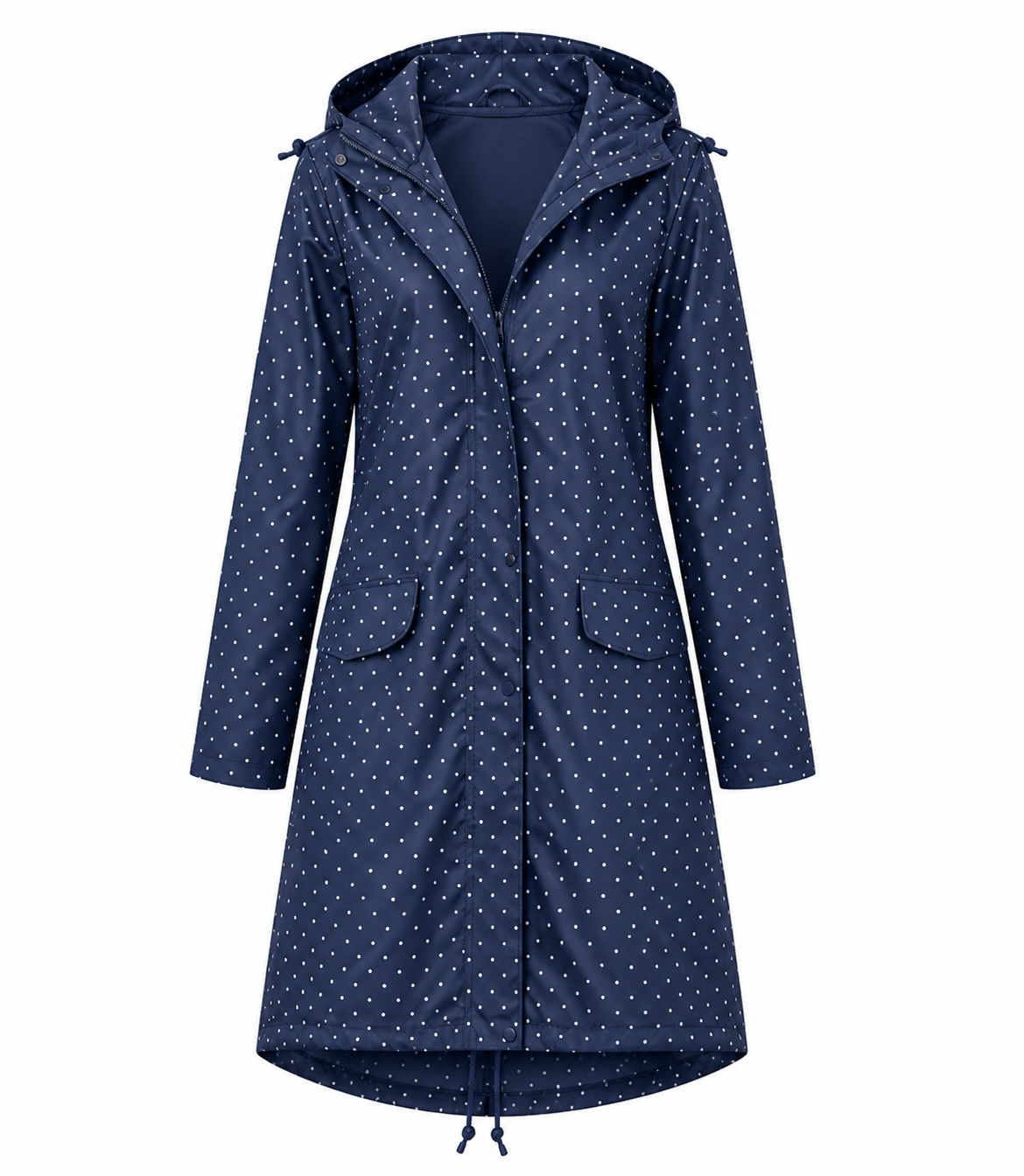 Eleanor Scott | Hooded Polka Dot Raincoat in Navy Blue