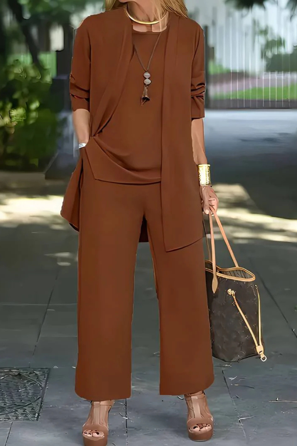 Aurelie Fontaine | Camel Three-Piece Wide-Leg Lounge Set for Women