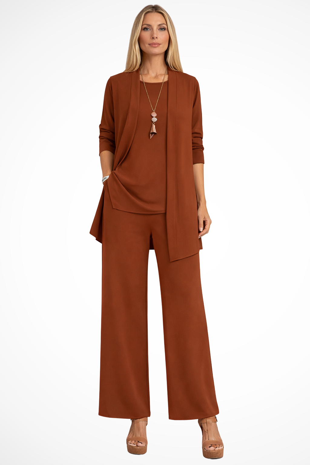 Aurelie Fontaine | Camel Three-Piece Wide-Leg Lounge Set for Women