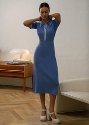 Genevieve Rouchard | Ribbed Knit Polo Collar Midi Dress