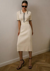 Genevieve Rouchard | Ribbed Knit Polo Collar Midi Dress