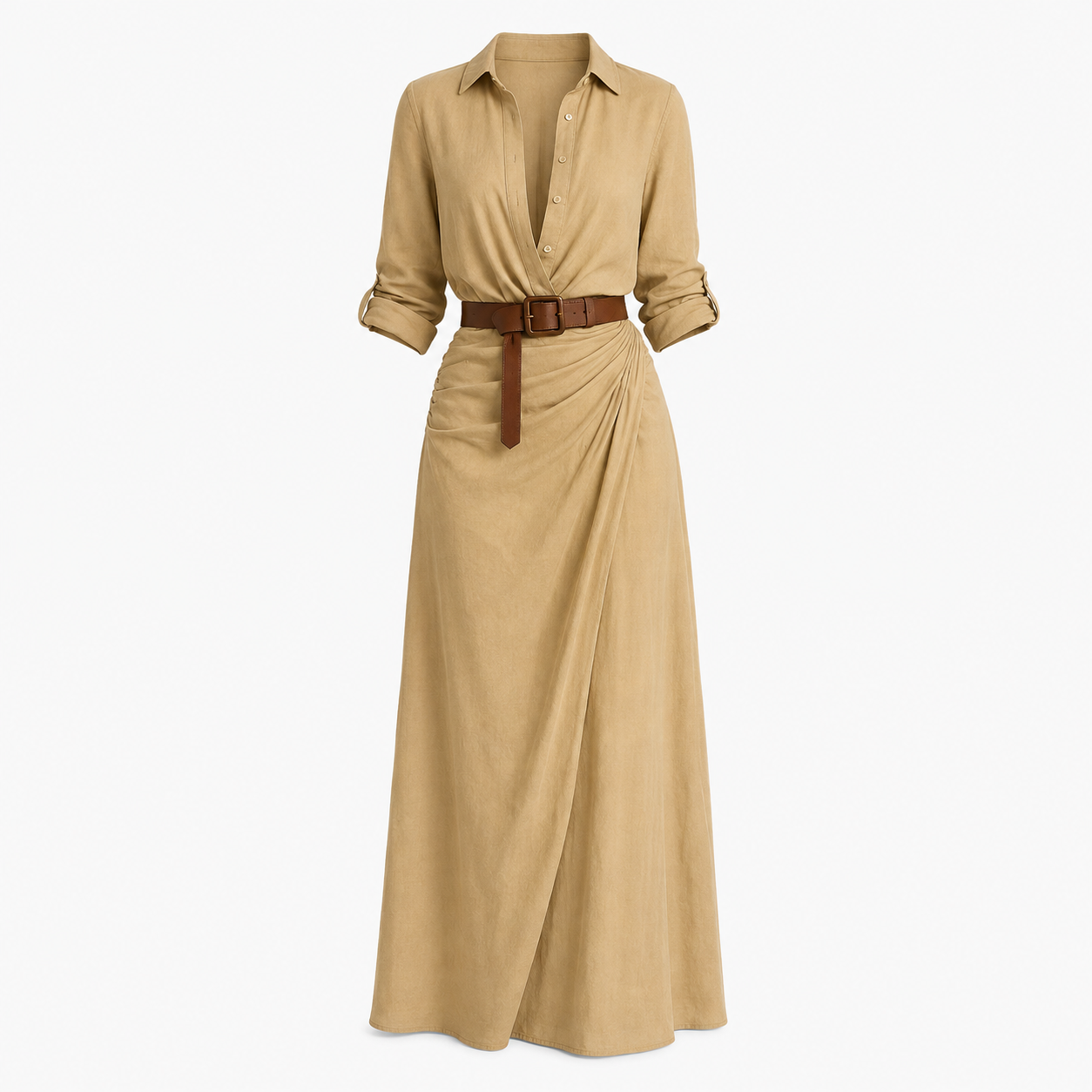 Elowen Harris | Deep V-Neck Belted Maxi Shirt Dress in Khaki