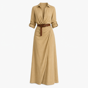 Elowen Harris | Deep V-Neck Belted Maxi Shirt Dress in Khaki