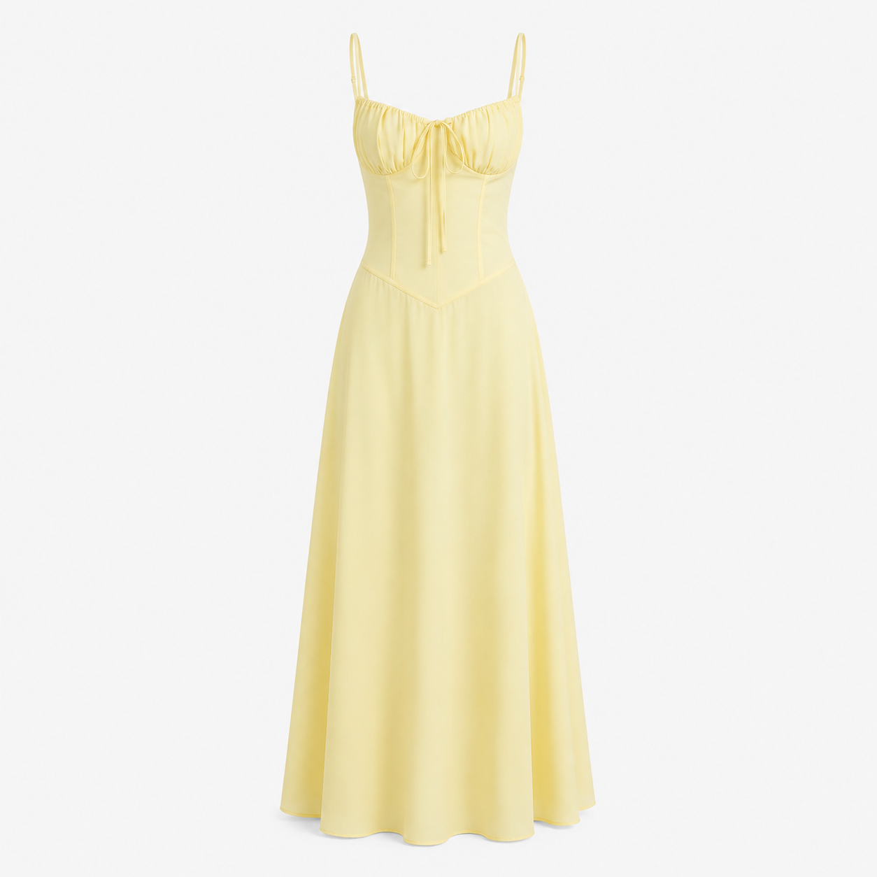 Elspeth Fairwood | Butter Yellow Corset Maxi Dress with Ruched Tie Bust