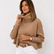 Felicity Brown | Camel Ribbed Turtleneck Sweater with Button Cuffs