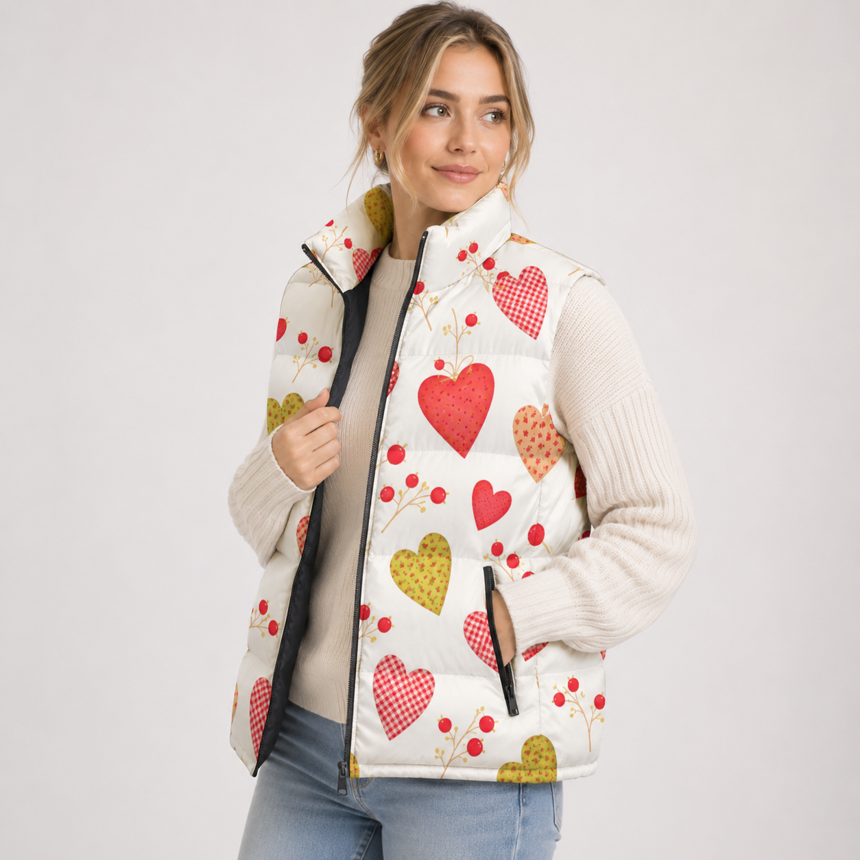 Felicity Dawson | Heart Print Puffer Gilet with Stand Collar & Zip Pockets