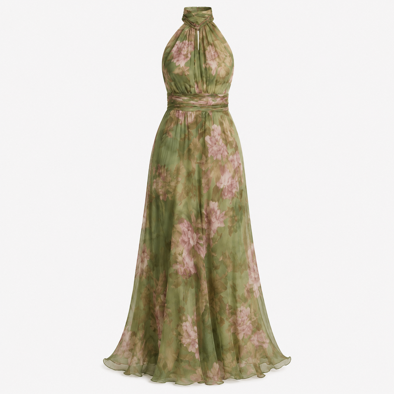 Felicity Evans | Sage Green Floral Halter Maxi Dress