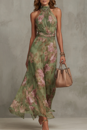Felicity Evans | Sage Green Floral Halter Maxi Dress