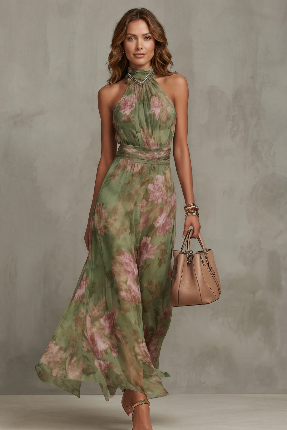 Felicity Evans | Sage Green Floral Halter Maxi Dress