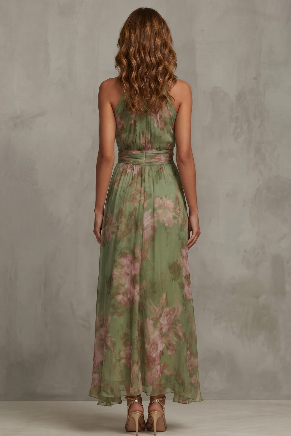 Felicity Evans | Sage Green Floral Halter Maxi Dress