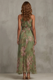 Felicity Evans | Sage Green Floral Halter Maxi Dress