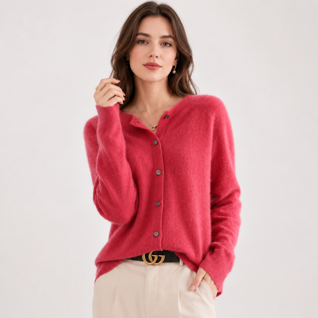 Florence Wright | Purple Button-Front Knit Cardigan