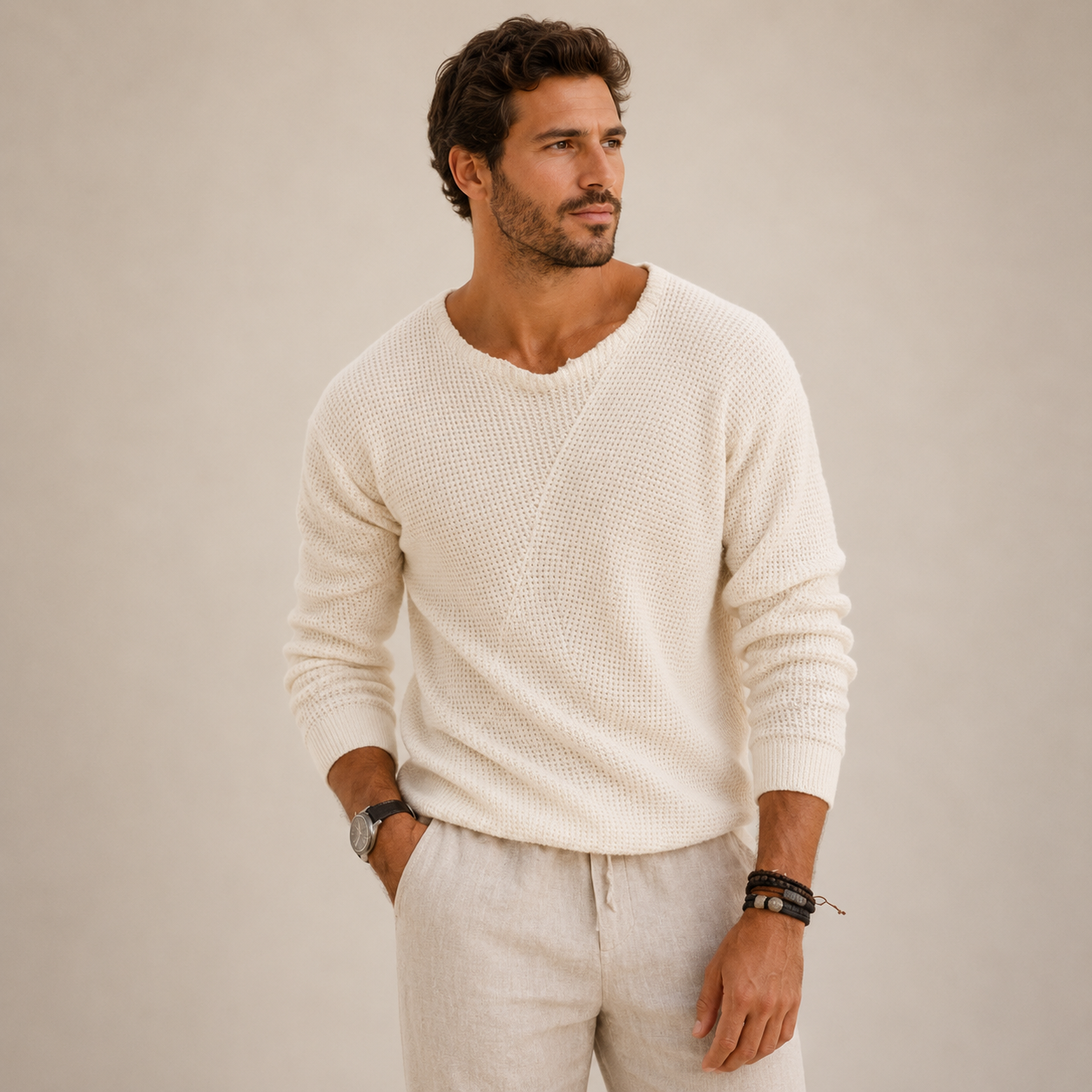 Henry Blackwell | Cream Waffle Knit Sweater for Men
