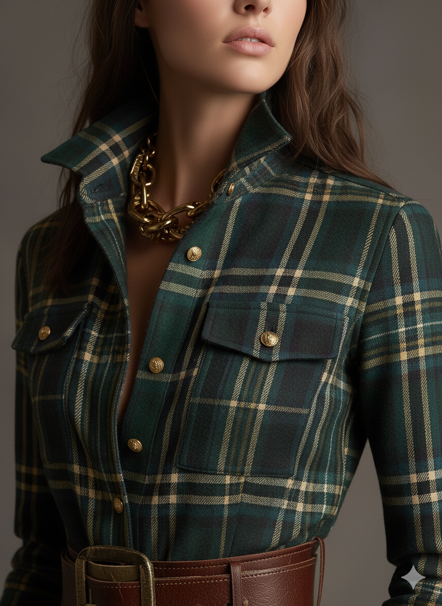 Cecily Hartwood | Robe-chemise longue à carreaux tartan verts avec ceinture