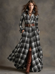 Cecily Hartwood | Robe-chemise longue à carreaux tartan verts avec ceinture