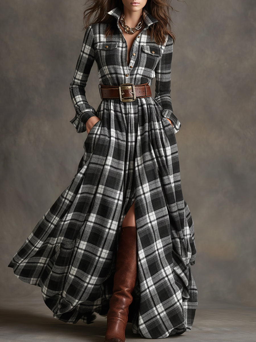 Cecily Hartwood | Robe-chemise longue à carreaux tartan verts avec ceinture