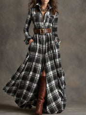 Cecily Hartwood | Robe-chemise longue à carreaux tartan verts avec ceinture