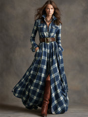 Cecily Hartwood | Robe-chemise longue à carreaux tartan verts avec ceinture