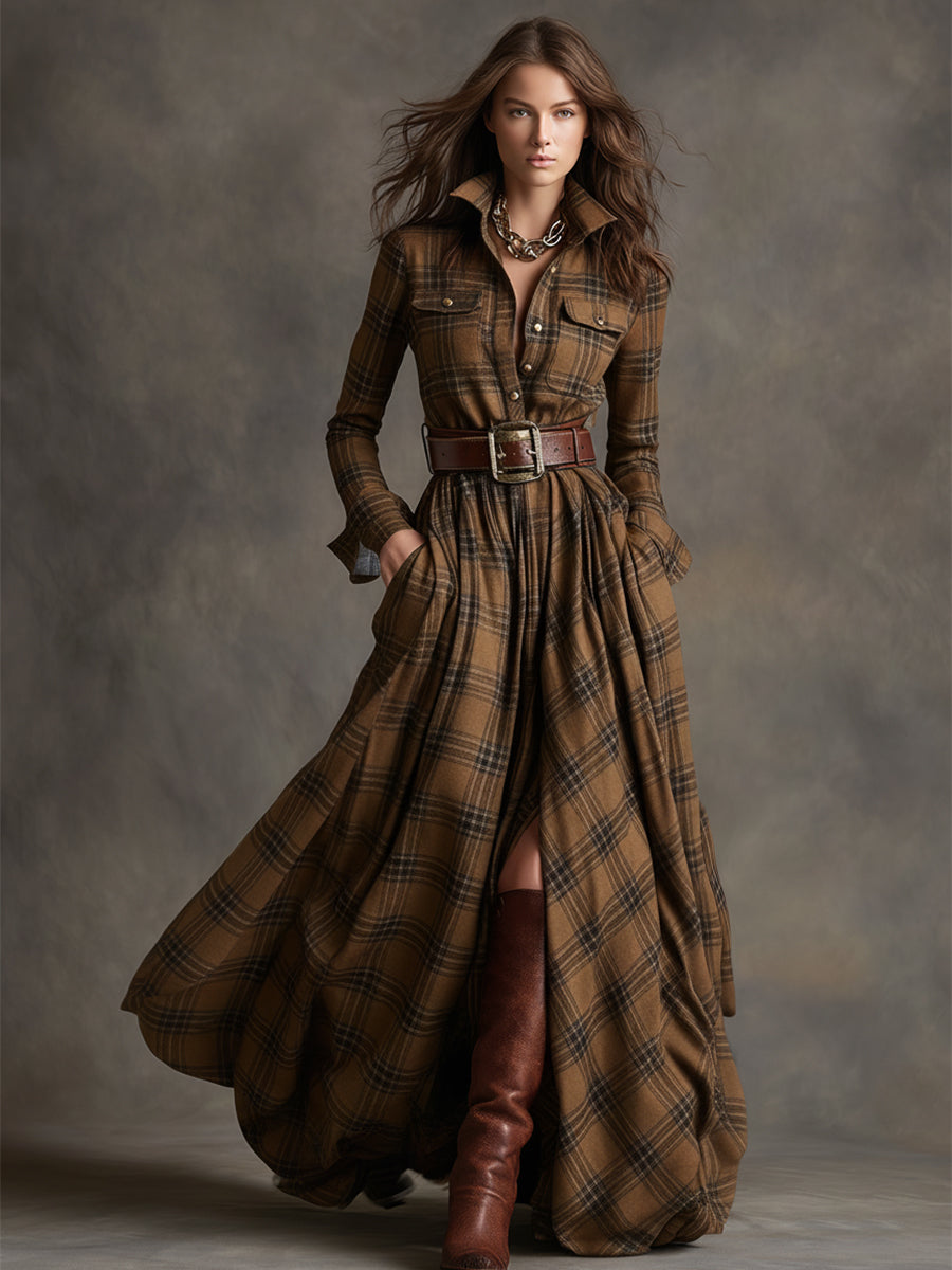 Cecily Hartwood | Robe-chemise longue à carreaux tartan verts avec ceinture