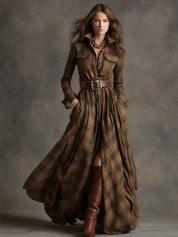 Cecily Hartwood | Robe-chemise longue à carreaux tartan verts avec ceinture