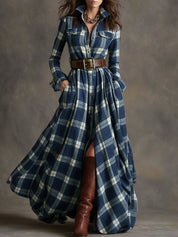 Cecily Hartwood | Robe-chemise longue à carreaux tartan verts avec ceinture