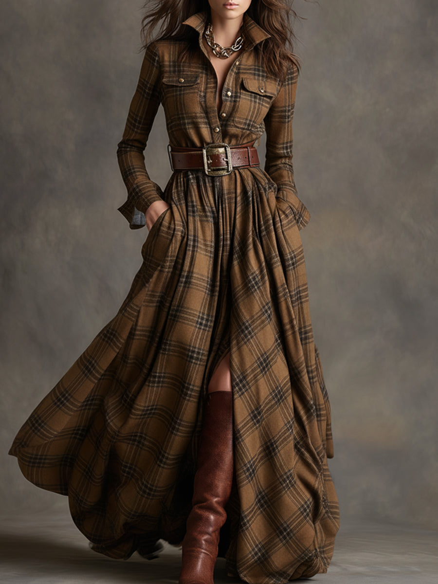 Cecily Hartwood | Robe-chemise longue à carreaux tartan verts avec ceinture