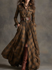 Cecily Hartwood | Robe-chemise longue à carreaux tartan verts avec ceinture