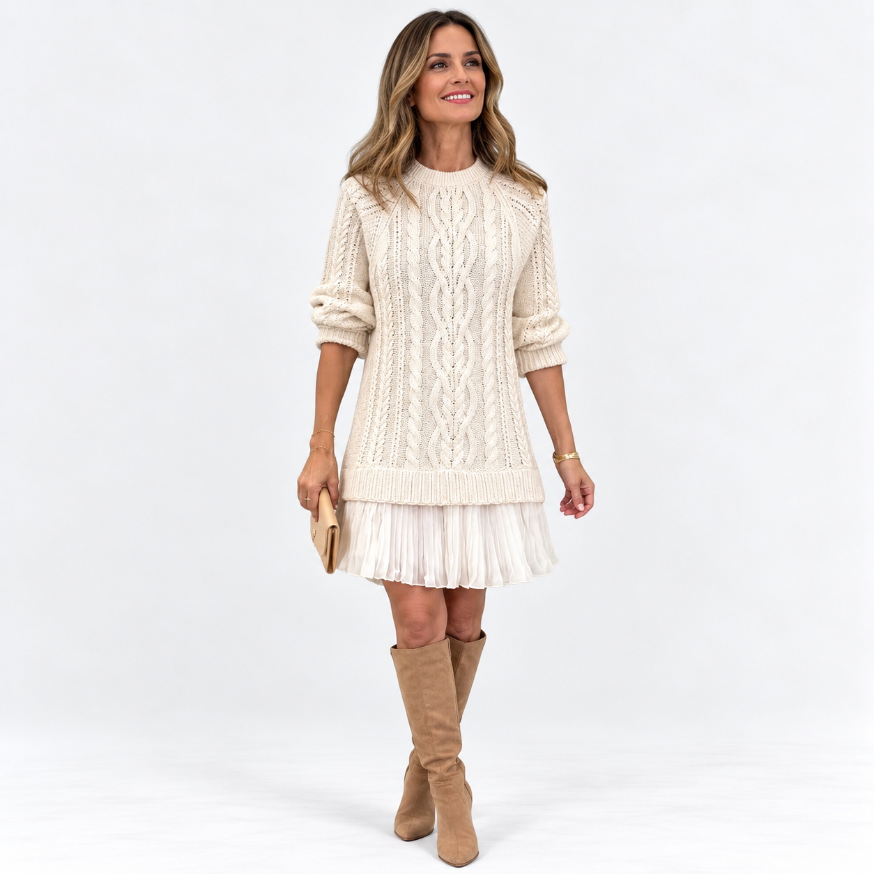 Genevieve Kingsley | Robe pull-over en maille torsadée avec ourlet plissé