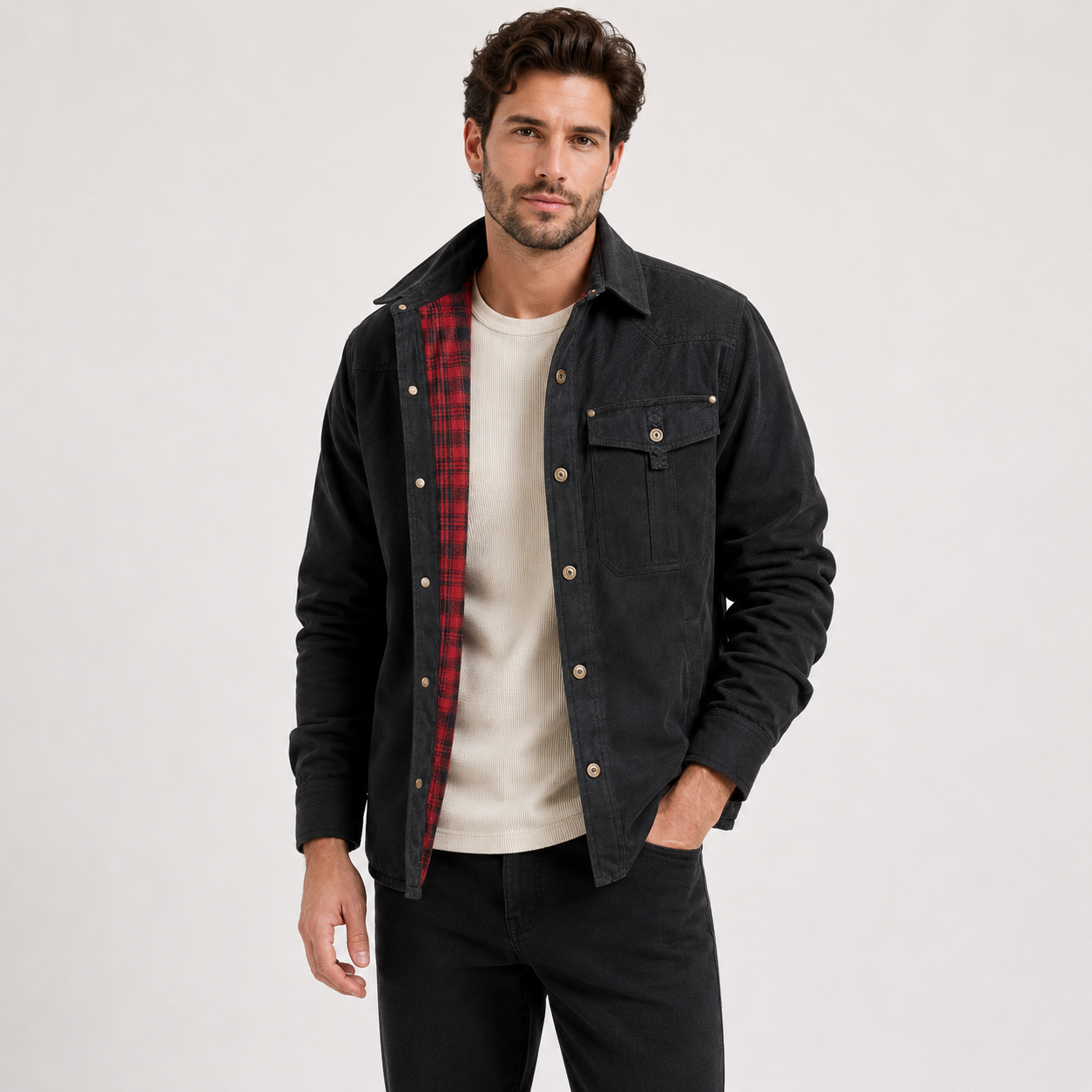 George Fletcher | Veste-chemise à carreaux noirs doublée en flanelle