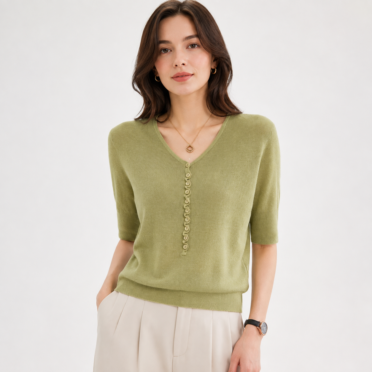 Georgina Hughes | Green Knit V-Neck Button Top