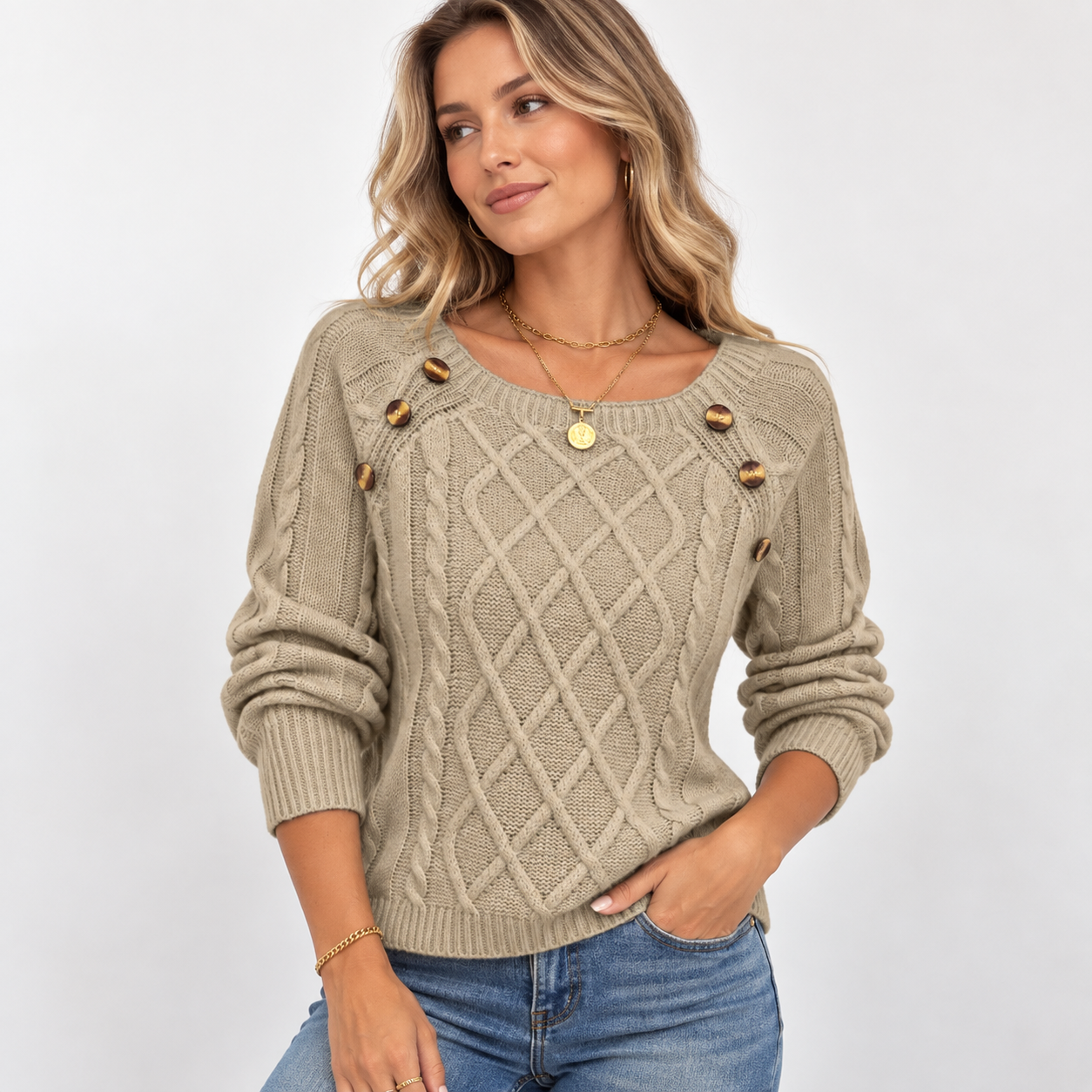 Georgina Lewis | Textured Cable Knit Button Sweater