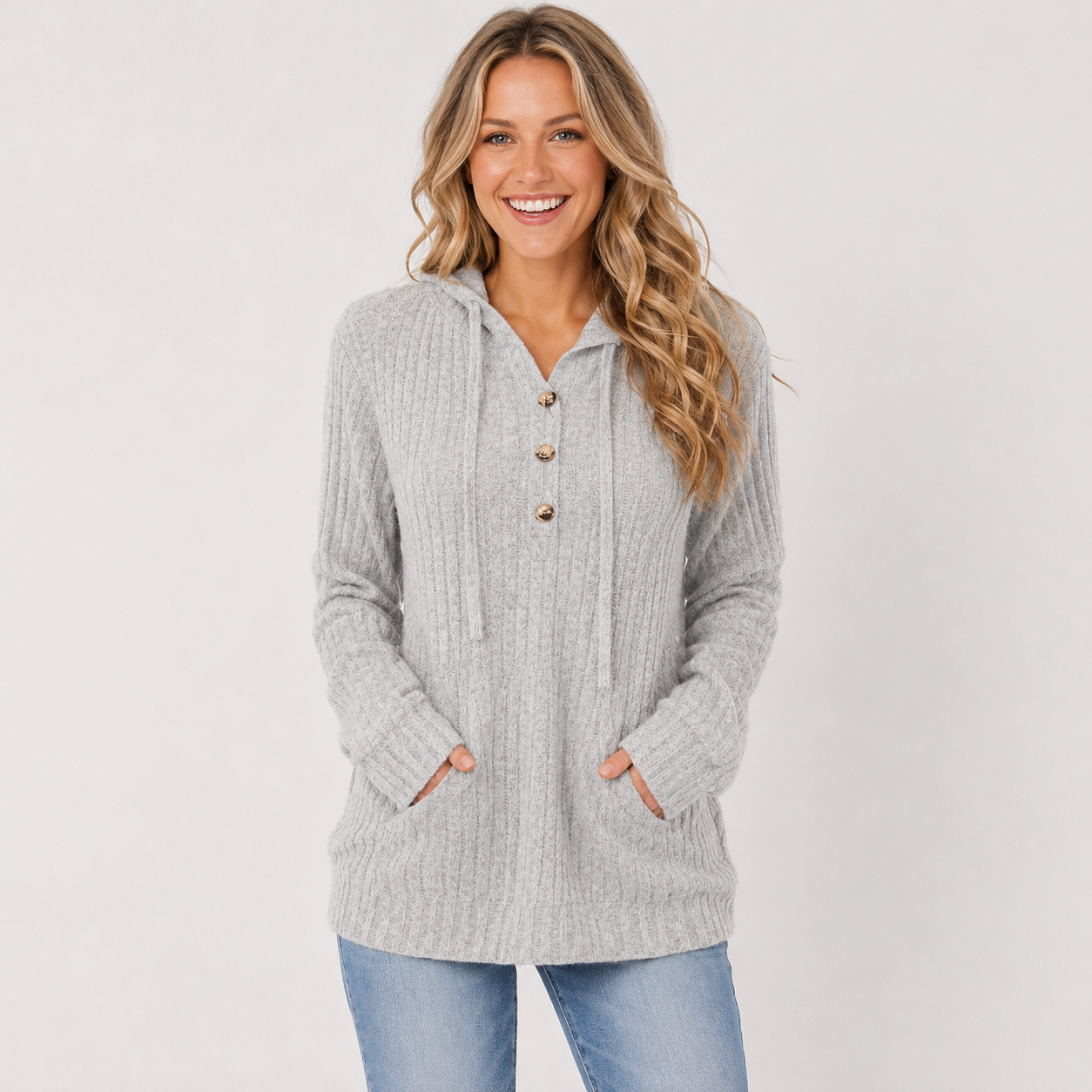 Harriet Baker | Ribbed Button-Front Hoodie Sweater