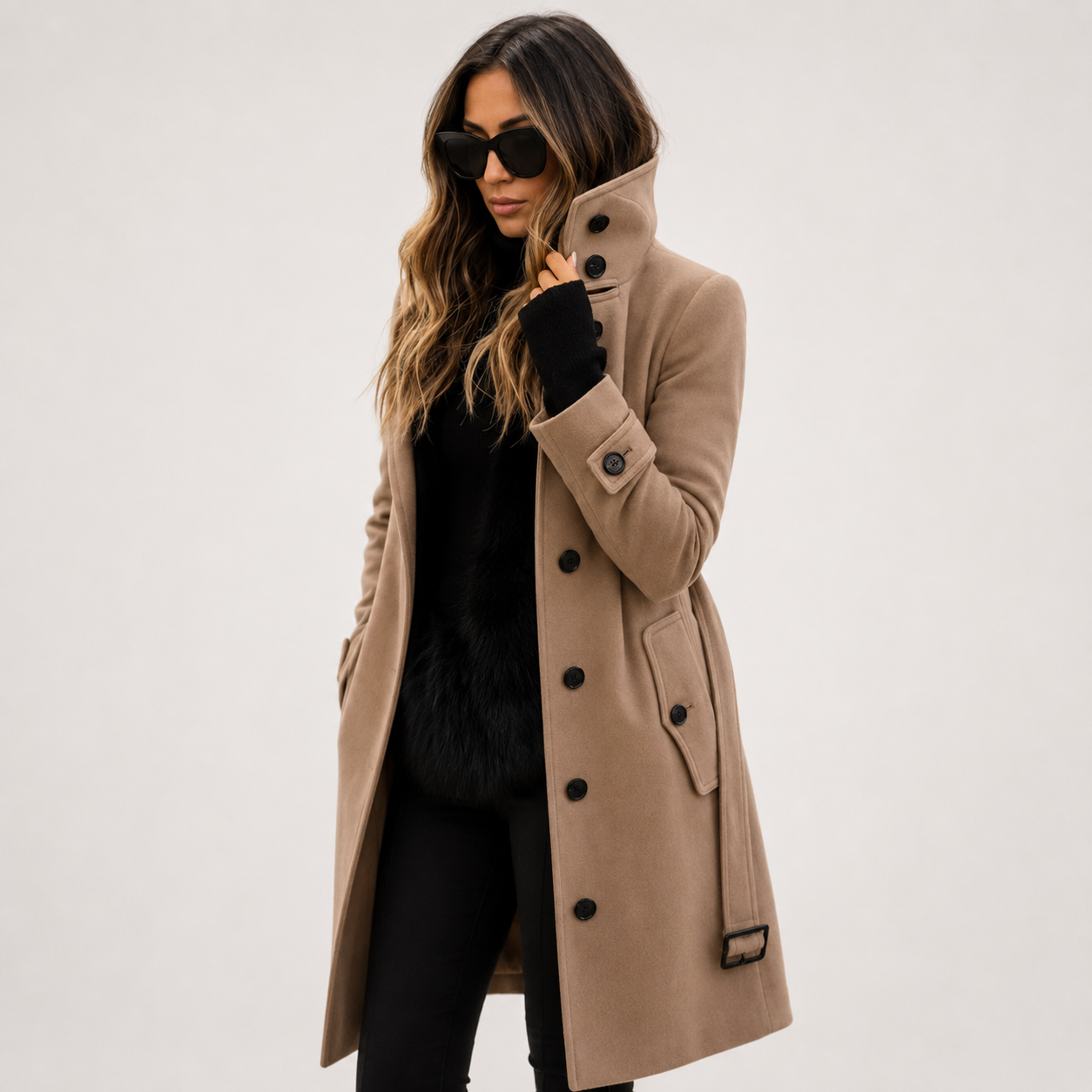 Harriet Sutton | Manteau camel à col montant et fermeture boutonnée