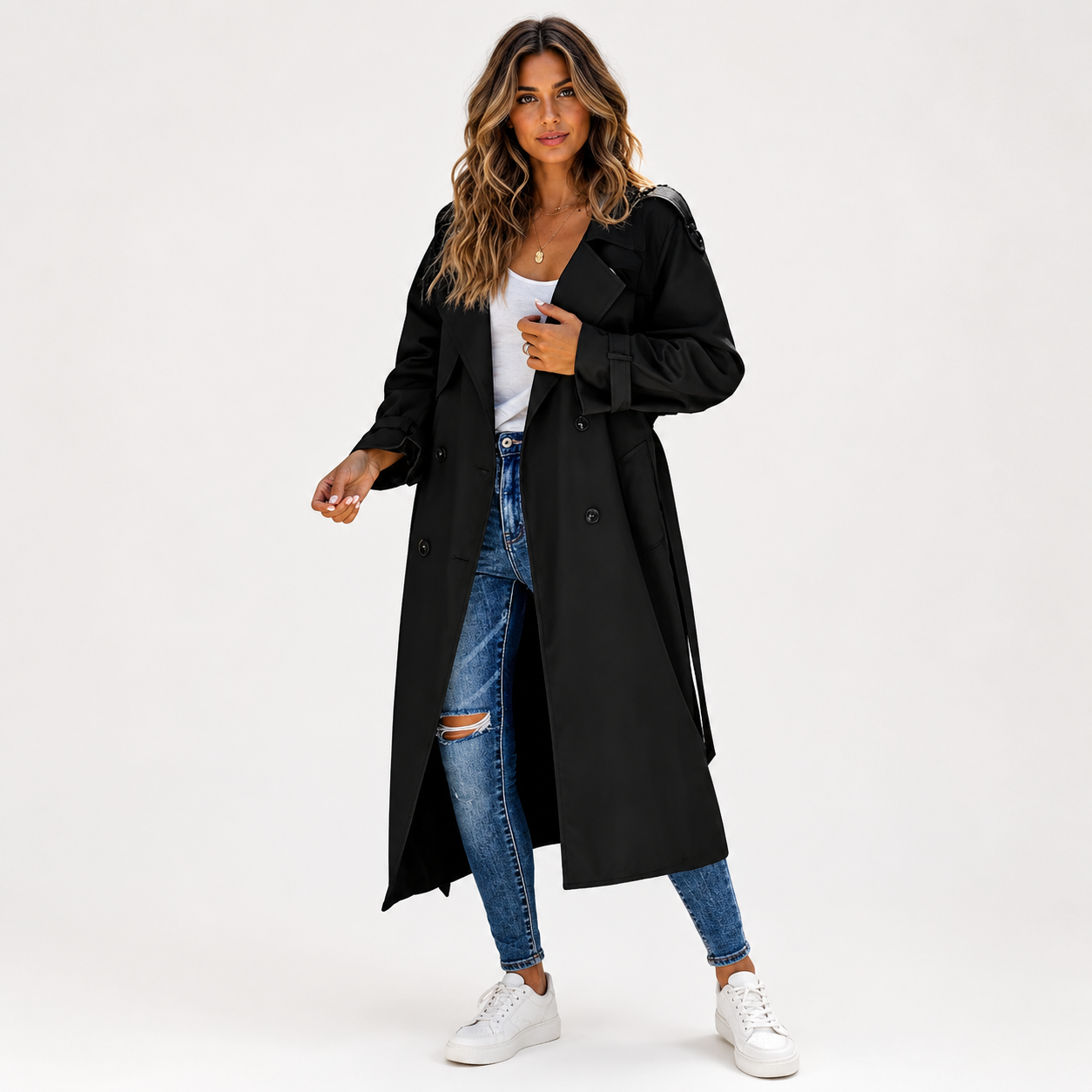 Harriet Woods | Black Double-Breasted Belted Trench Coat