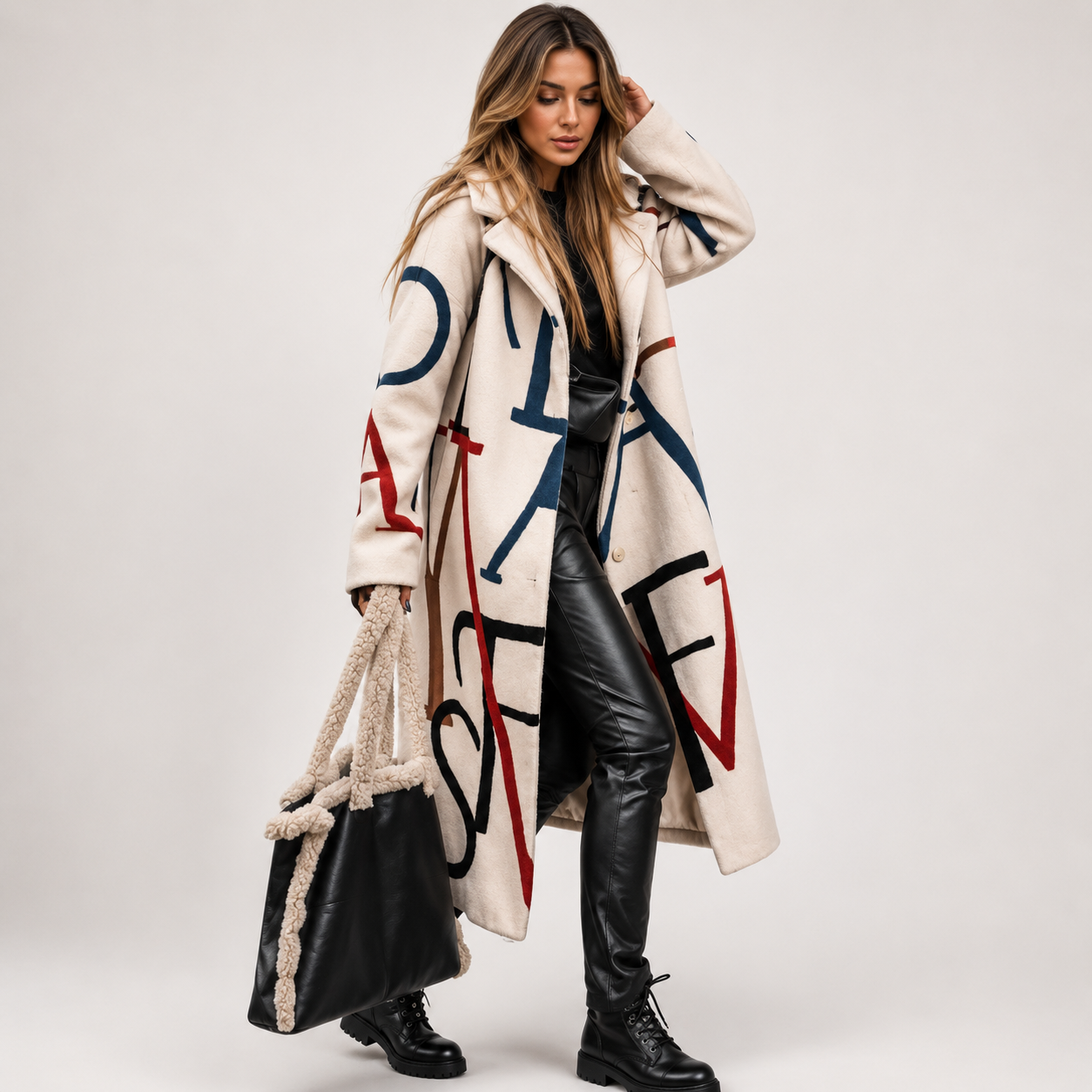 Harriet Woods | Cream Letter-Print Longline Teddy-Lined Coat