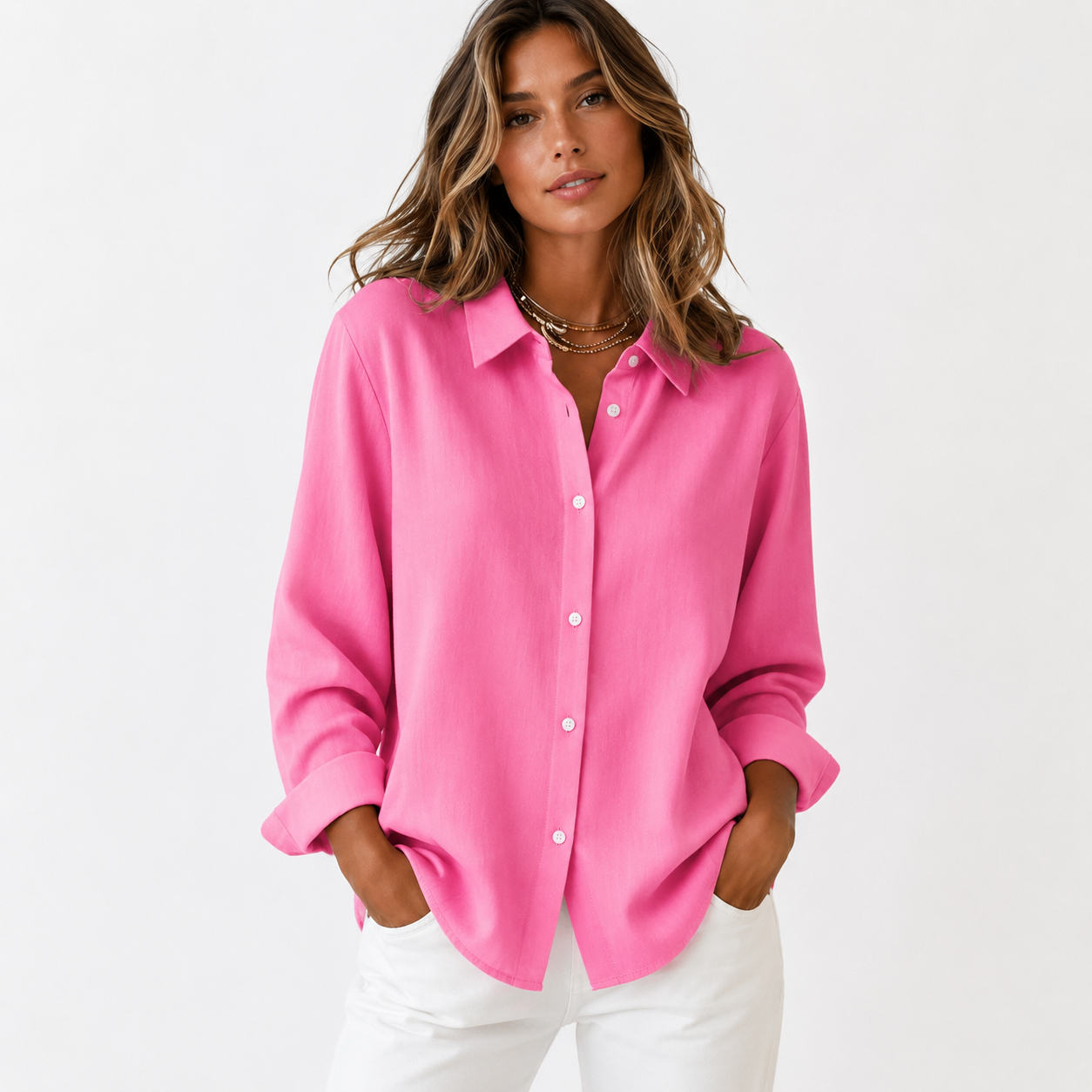 Harriet Woods | Hot Pink Button-Front Long Sleeve Shirt