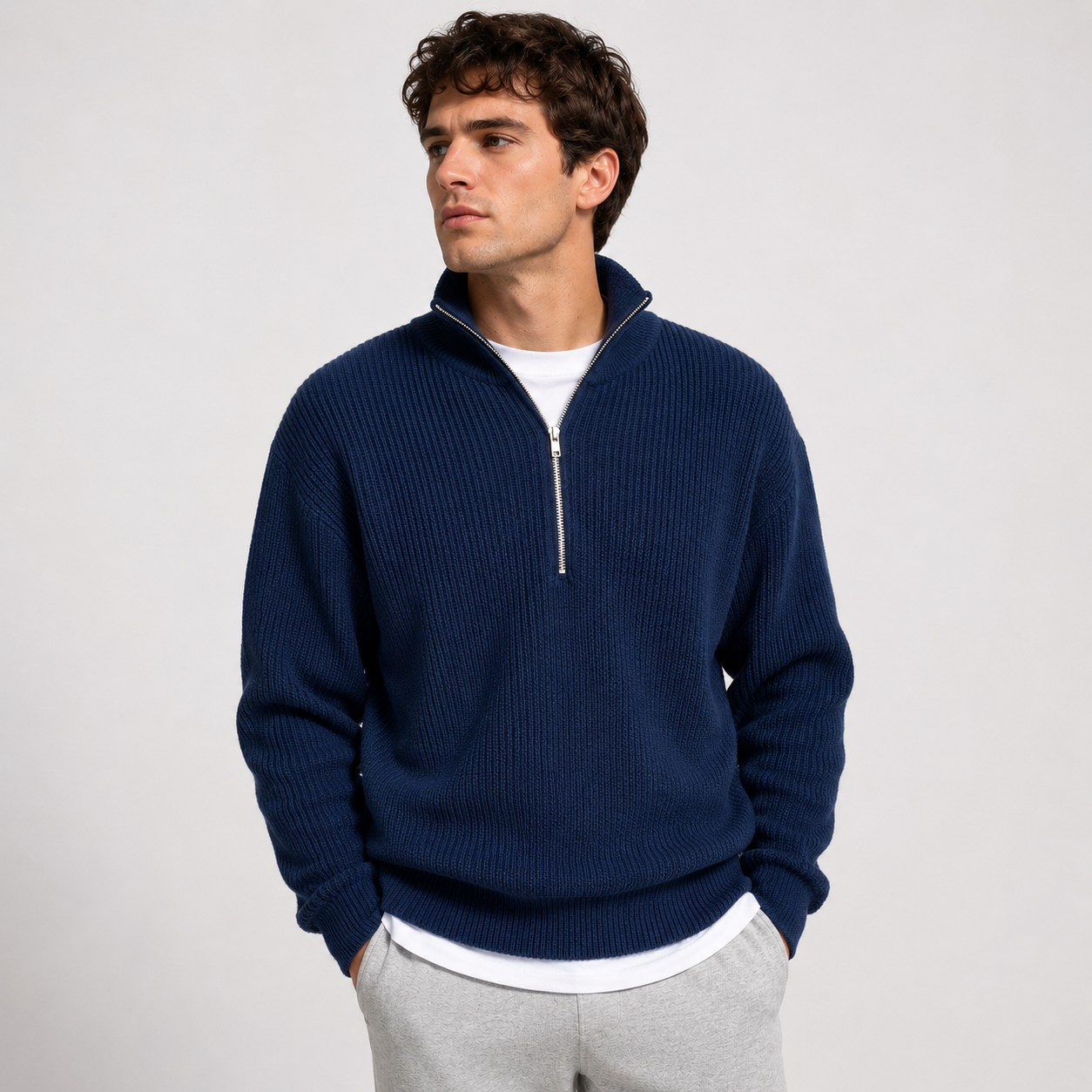 Harriet Woods | Navy Ribbed Half-Zip Knit Sweater