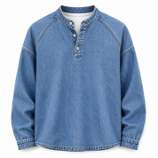 Harriet Woods | Sweat-shirt en denim délavé à col Henley et patte de boutonnage