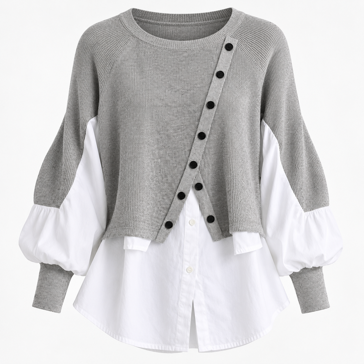 Holly Ravensworth | Two-in-One Grey Sweater With Contrast Shirt Hem