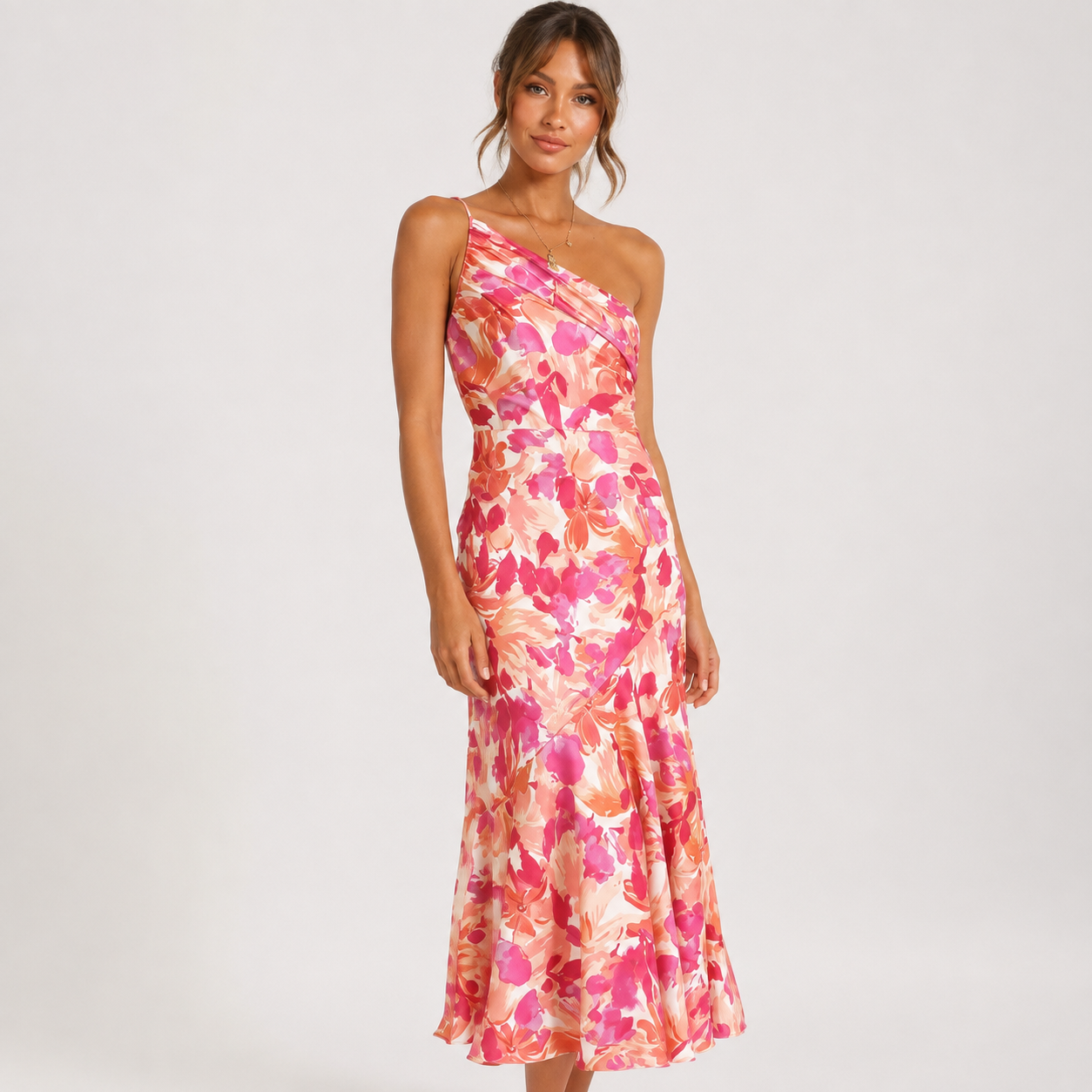 Imogen Taylor | One-Shoulder Floral Satin Midi Dress