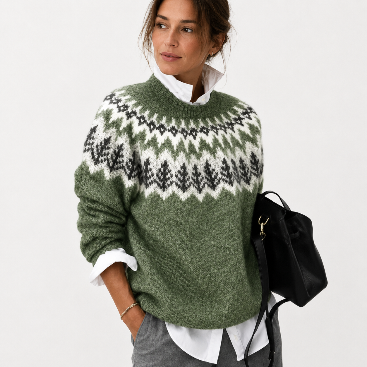 Imogen Walker | Fair Isle Round Neck Sweater in Sage Green