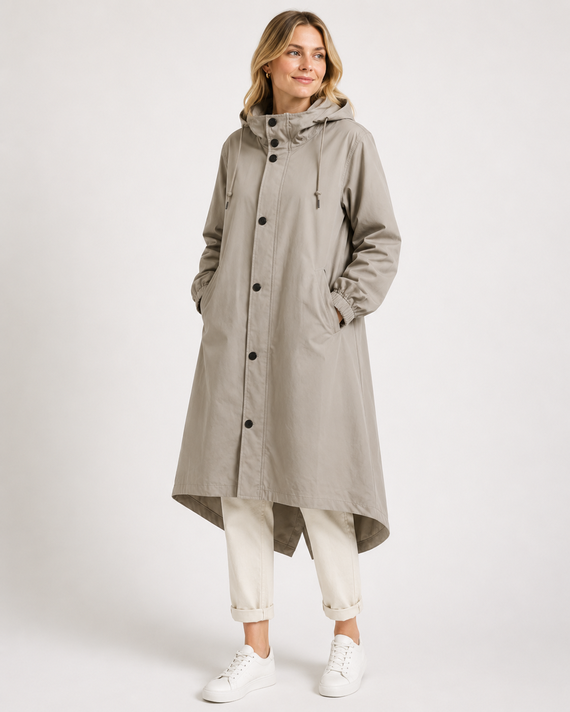 Iris Walker | Longline Hooded Rain Coat in Light Grey