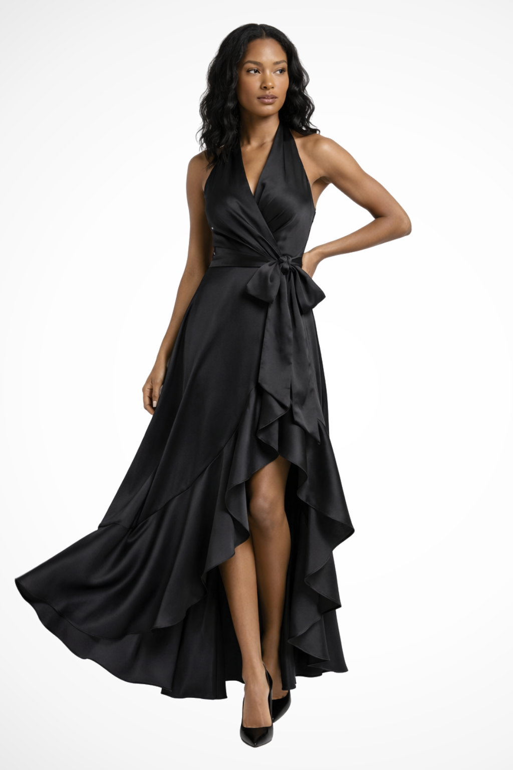 Annalise Vaudreuil | Navy Satin Halter Neck Maxi Dress