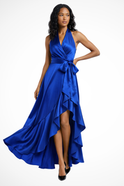 Annalise Vaudreuil | Navy Satin Halter Neck Maxi Dress