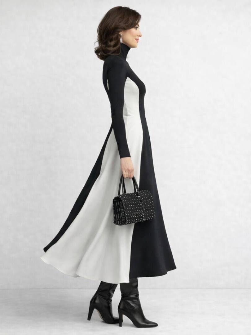 Verity Hammond | Black & Cream Colour Block Turtleneck Maxi Dress