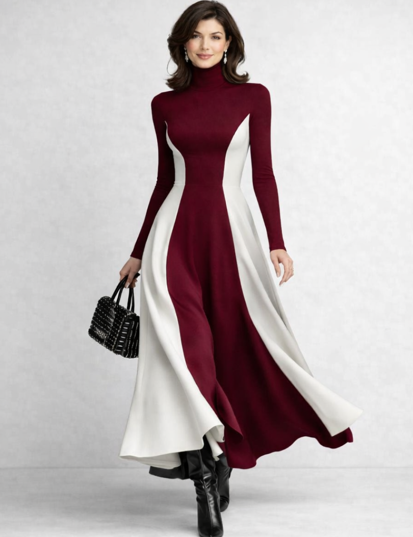 Verity Hammond | Black & Cream Colour Block Turtleneck Maxi Dress