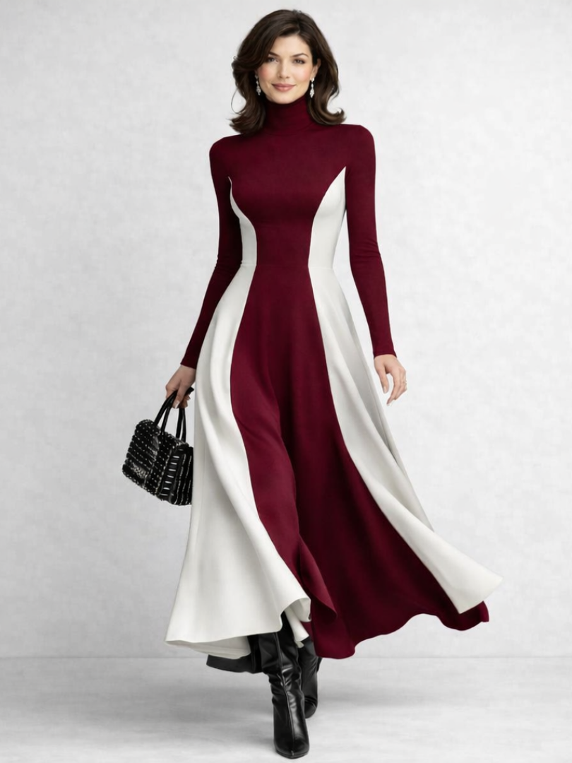 Verity Hammond | Black & Cream Colour Block Turtleneck Maxi Dress