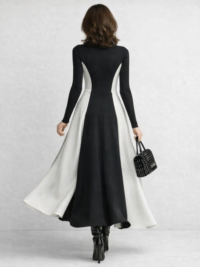 Verity Hammond | Black & Cream Colour Block Turtleneck Maxi Dress