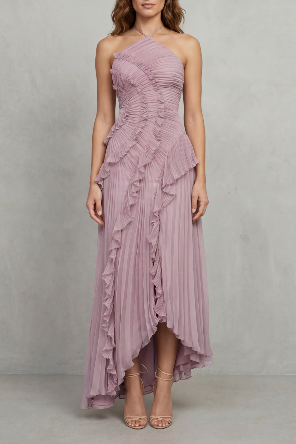 Arabella Wells | Pleated Halter Maxi Dress in Dusty Lilac